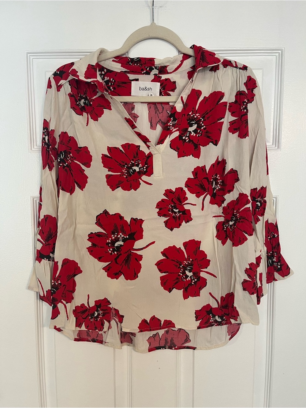 ba&sh Red Floral Split V-Neck Blouse on Cream